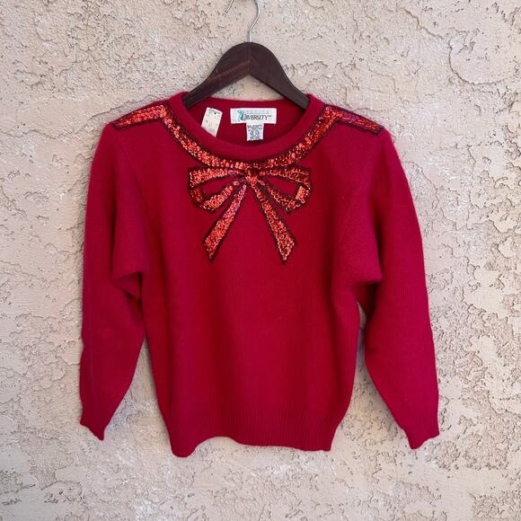 NWT Vintage JCPenney Red Sweater Angora Lambswool Sequin Bow 80s Size XS - Picture 1 of 4